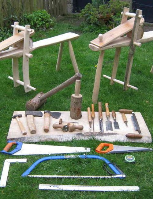 Shave horses and tools used to make them